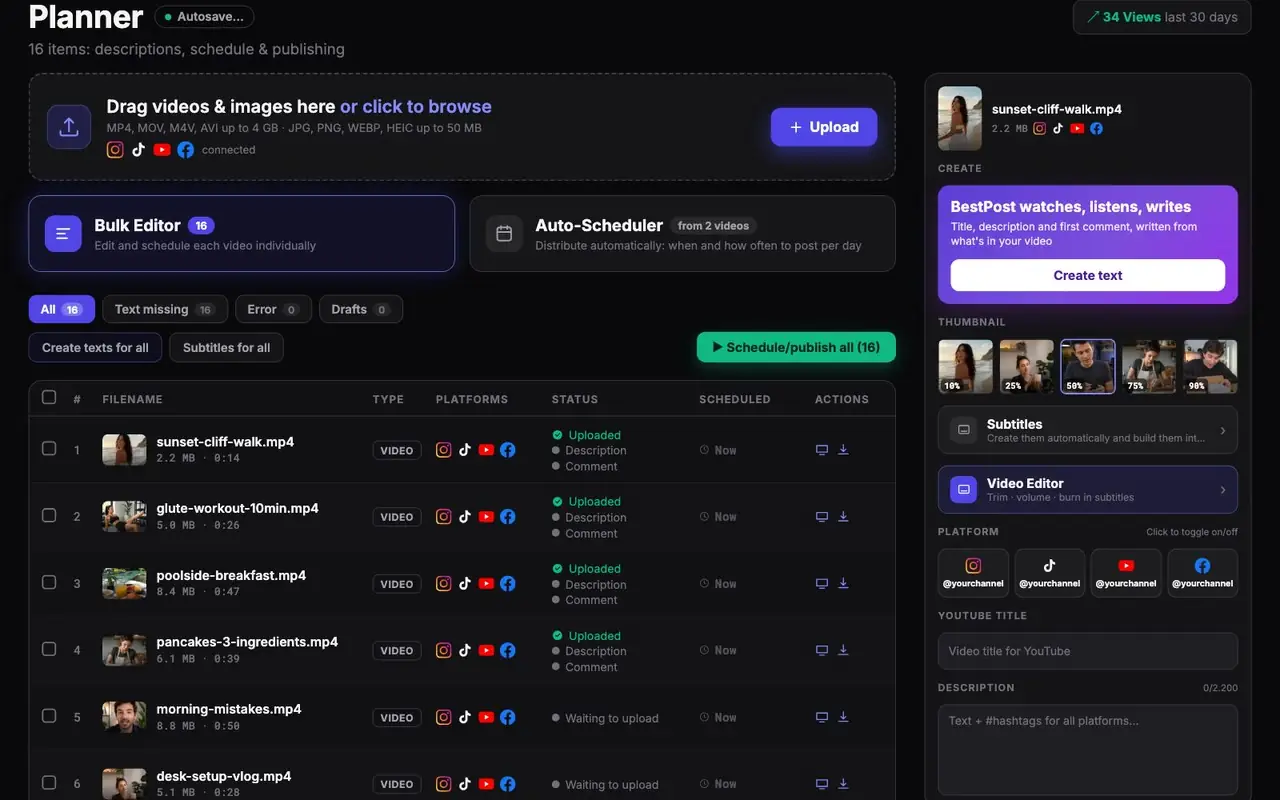 Upload many videos to the planner at once